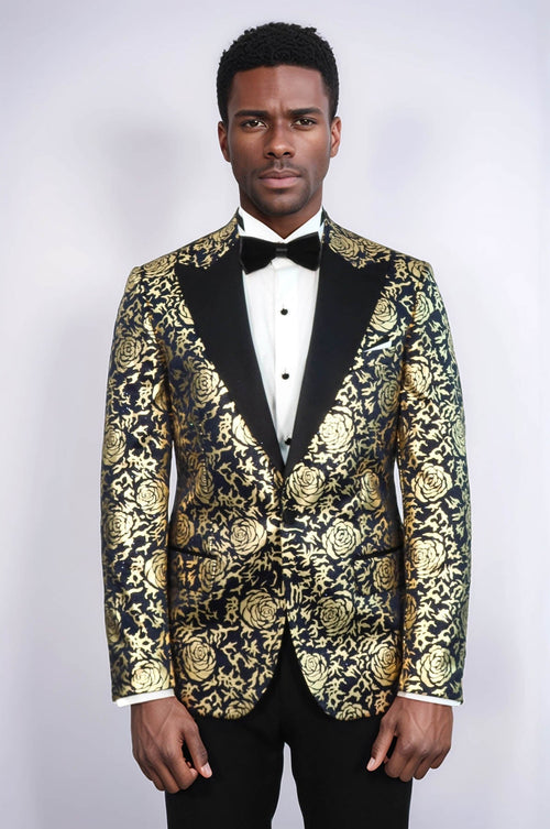 Gold Rose Patterned Slim Fit Navy Blue Men Prom Blazer - Wessi