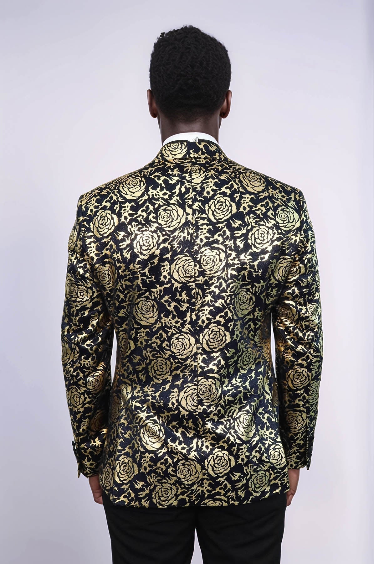 Gold Rose Patterned Slim Fit Navy Blue Men Prom Blazer - Wessi