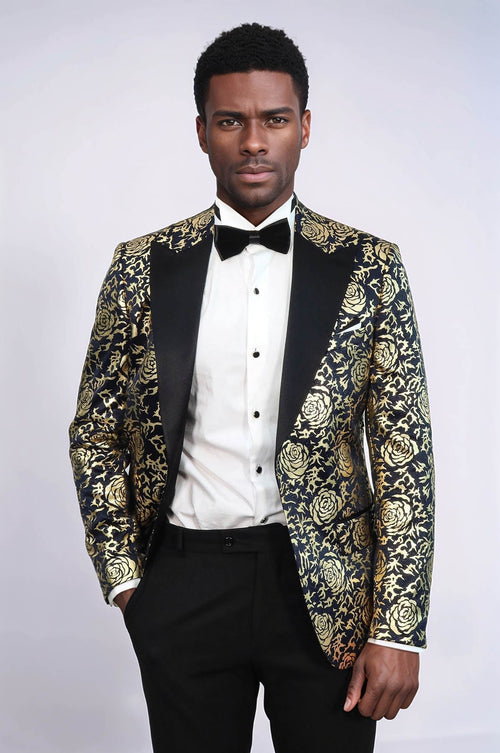 Gold Rose Patterned Slim Fit Navy Blue Men Prom Blazer - Wessi