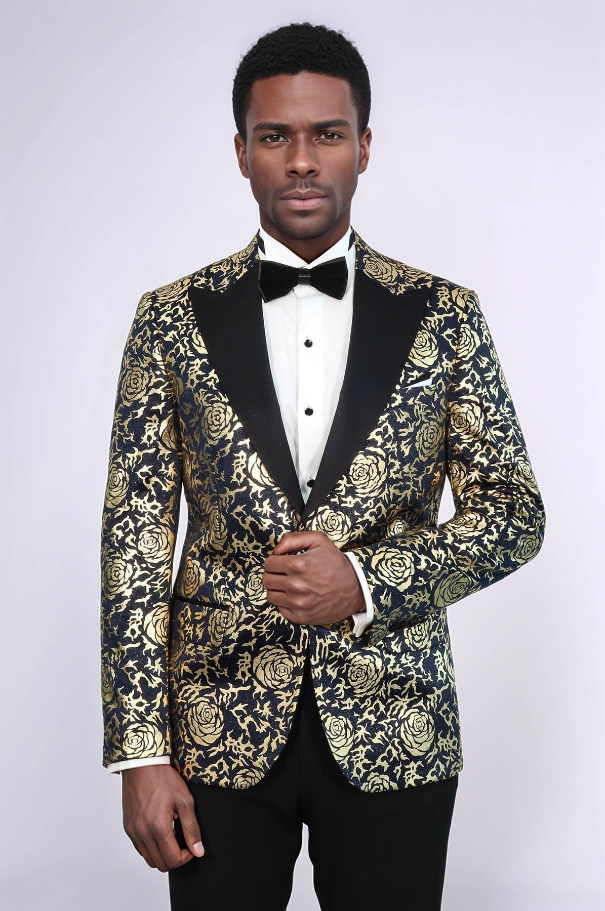 Gold Rose Patterned Slim Fit Navy Blue Men Prom Blazer - Wessi