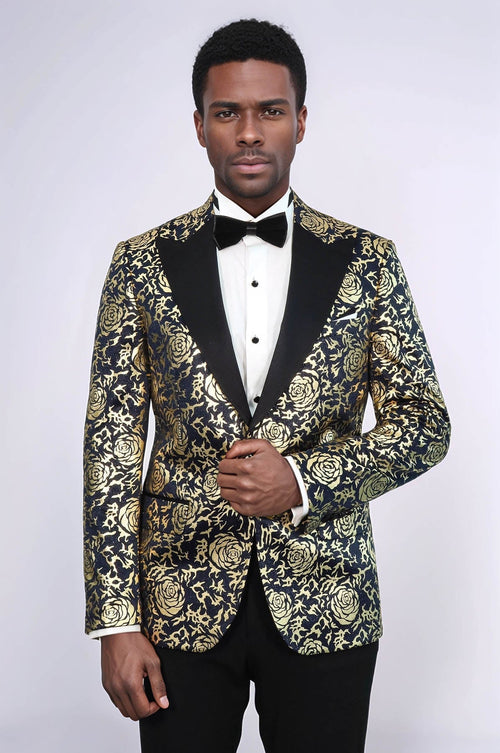 Gold Rose Patterned Slim Fit Navy Blue Men Prom Blazer - Wessi