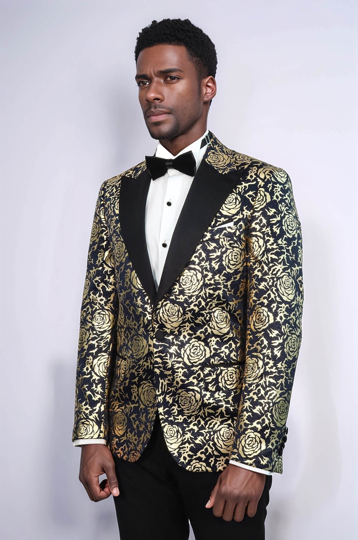 Gold Rose Patterned Slim Fit Navy Blue Men Prom Blazer - Wessi