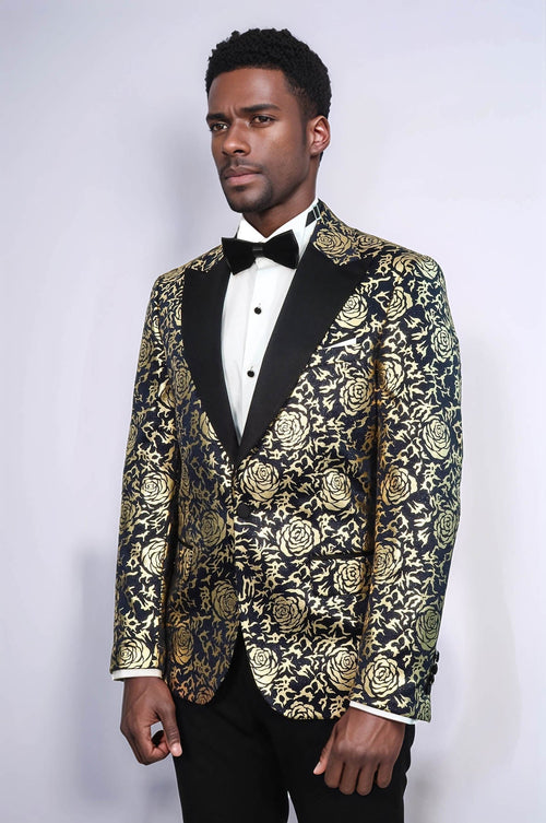 Gold Rose Patterned Slim Fit Navy Blue Men Prom Blazer - Wessi