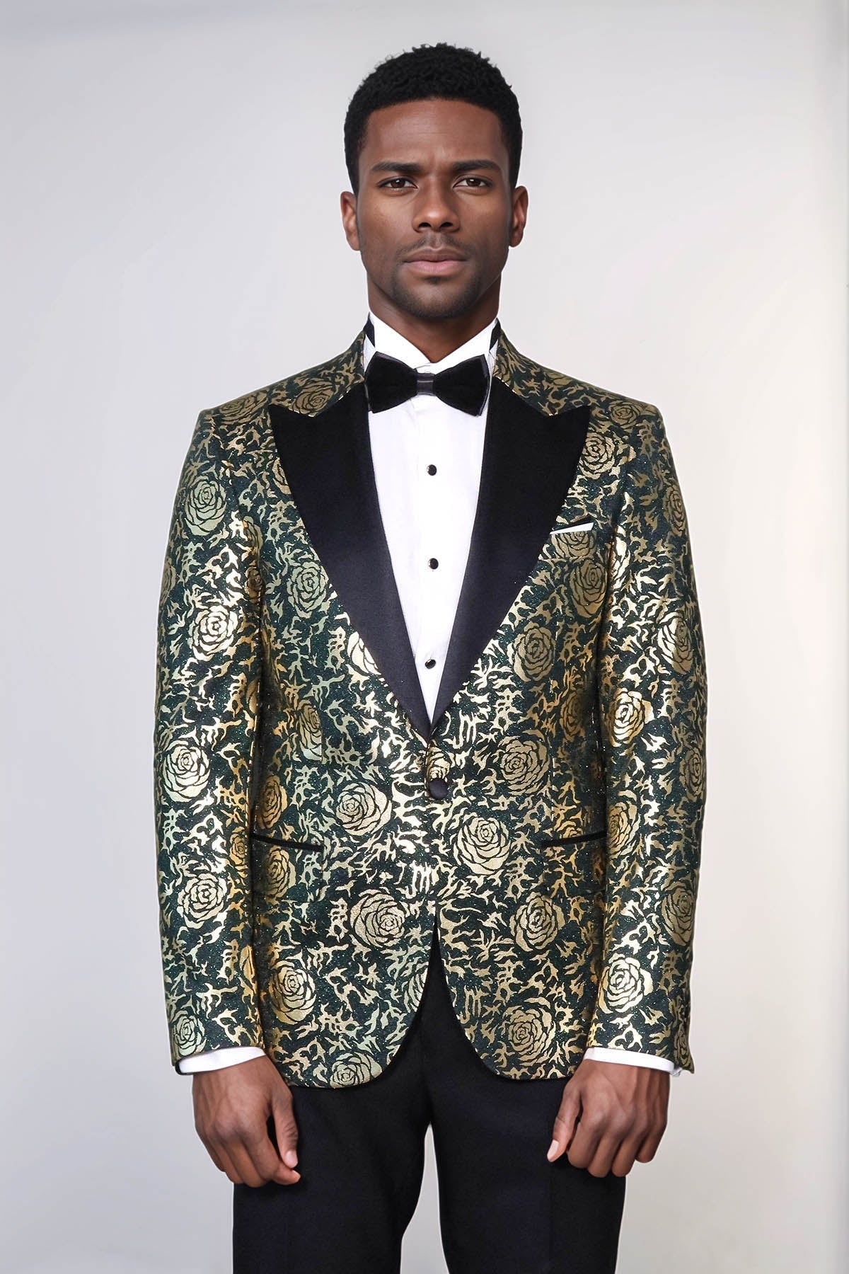 Gold Rose Patterned Slim Fit Green Men Prom Blazer - Wessi