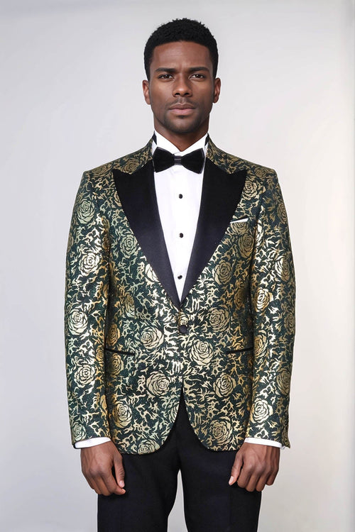 Gold Rose Patterned Slim Fit Green Men Prom Blazer - Wessi