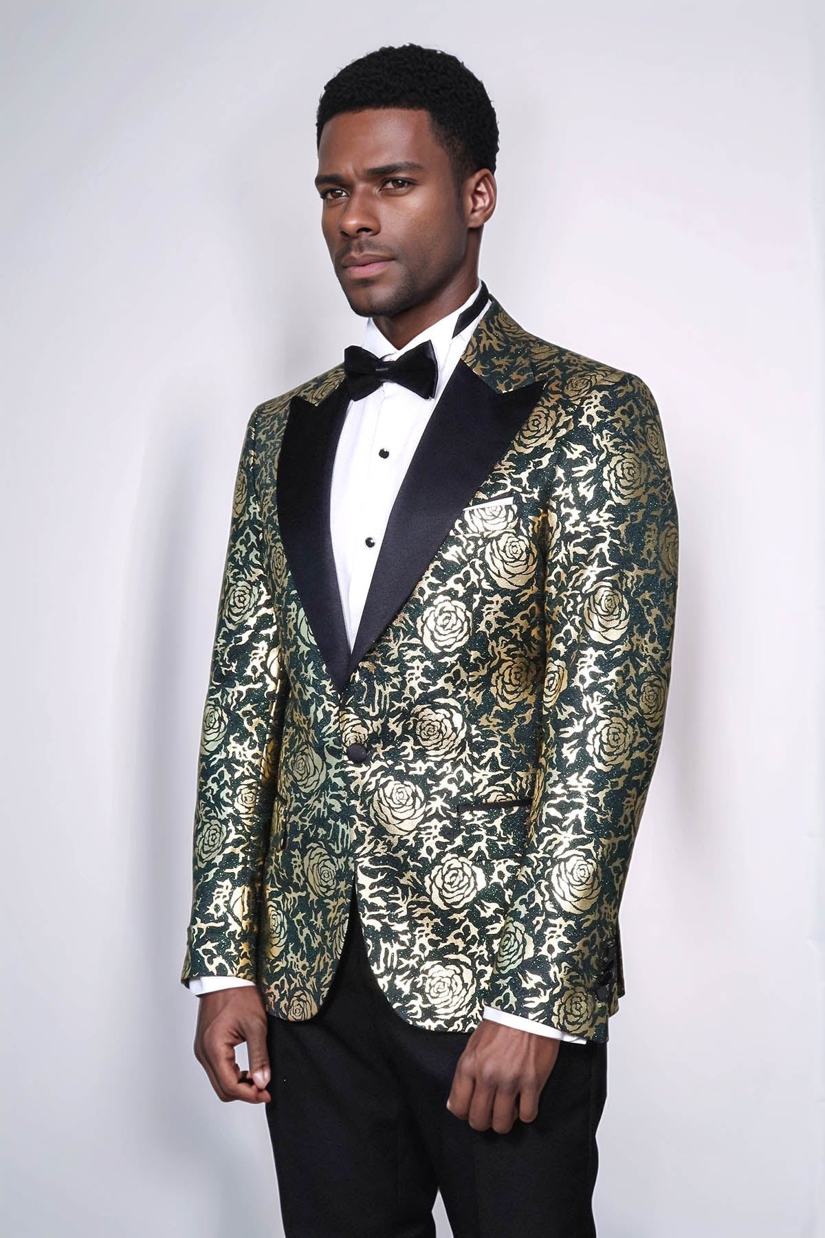 Gold Rose Patterned Slim Fit Green Men Prom Blazer - Wessi