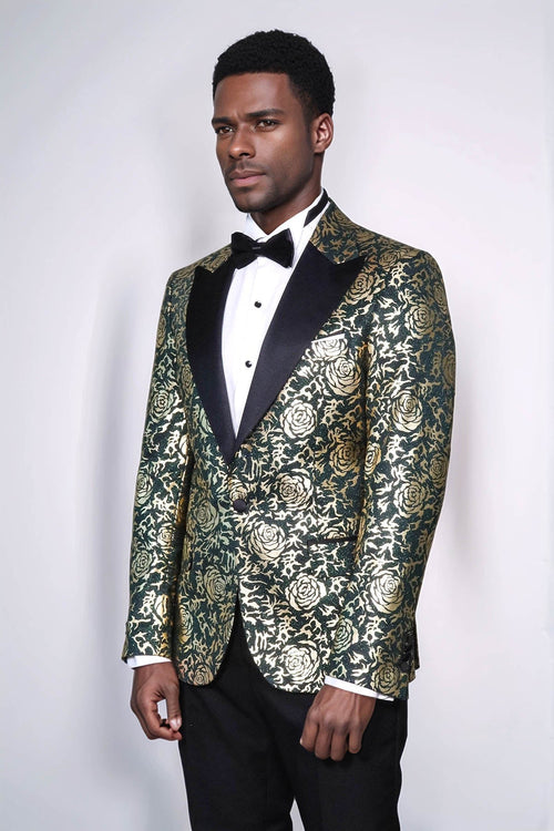 Gold Rose Patterned Slim Fit Green Men Prom Blazer - Wessi