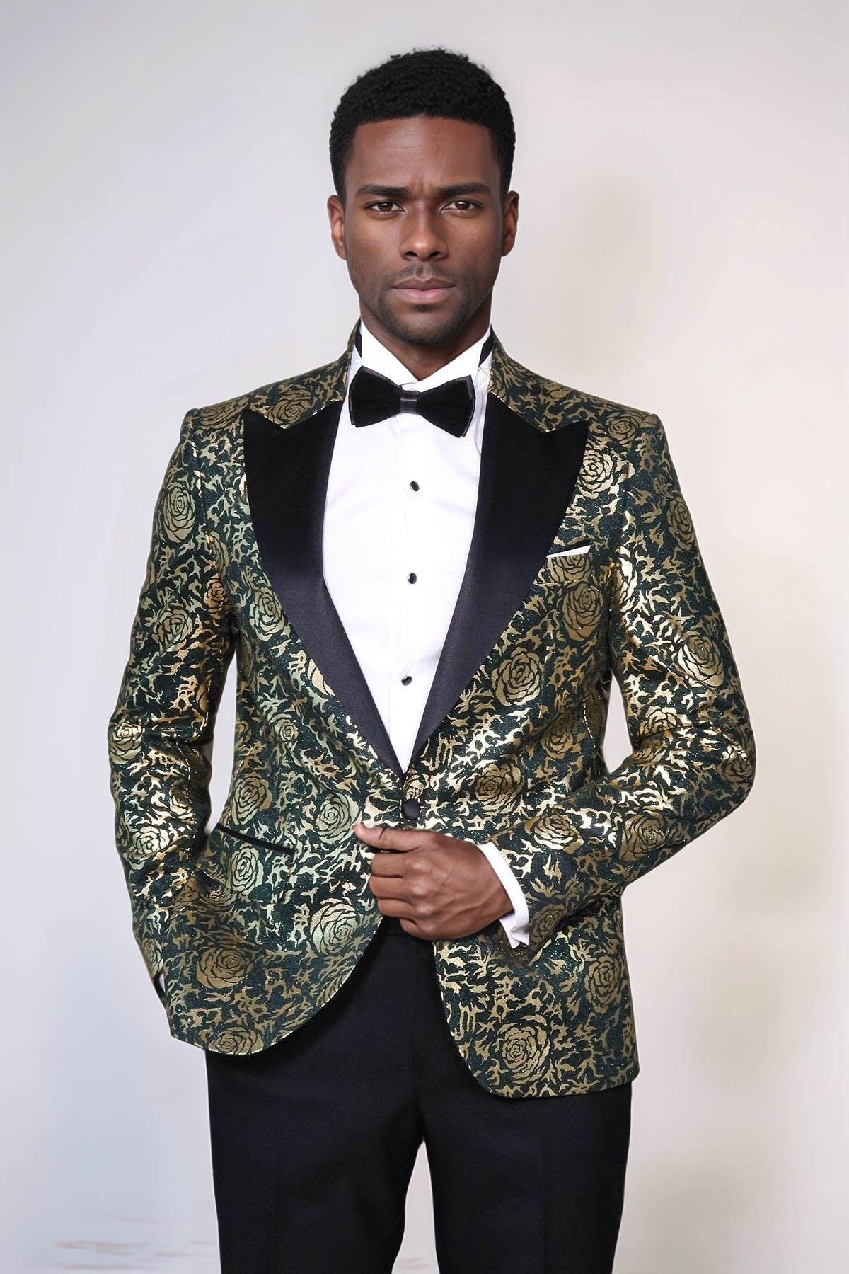 Gold Rose Patterned Slim Fit Green Men Prom Blazer - Wessi