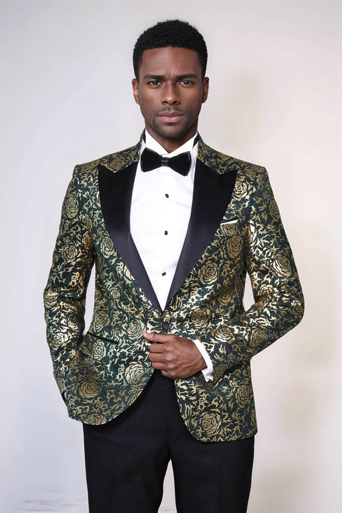 Gold Rose Patterned Slim Fit Green Men Prom Blazer - Wessi