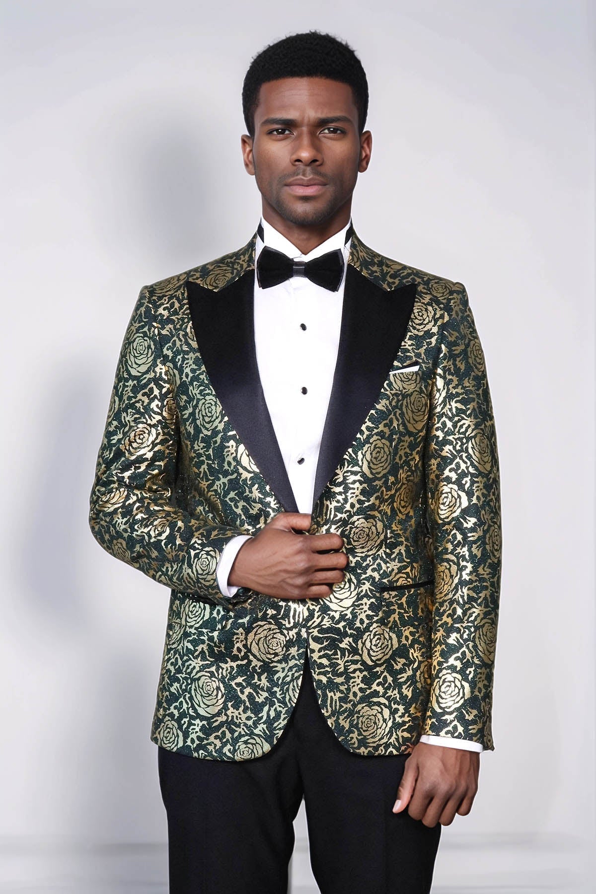 Gold Rose Patterned Slim Fit Green Men Prom Blazer - Wessi