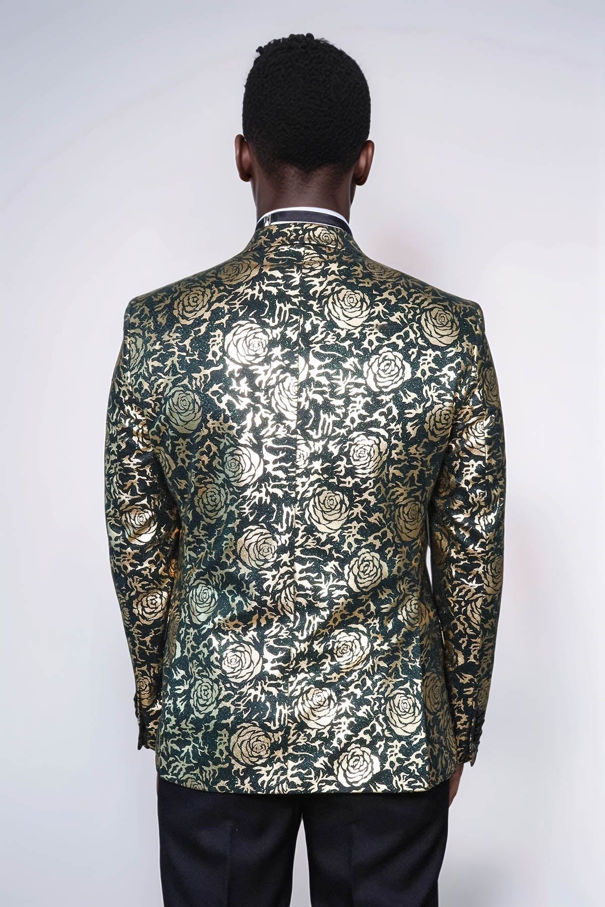 Gold Rose Patterned Slim Fit Green Men Prom Blazer - Wessi