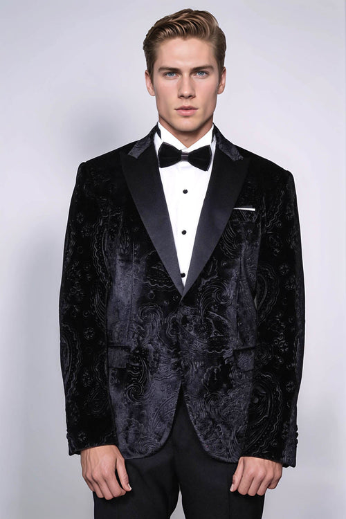 Floral Patterned Velvet Black Men Prom Blazer - Wessi