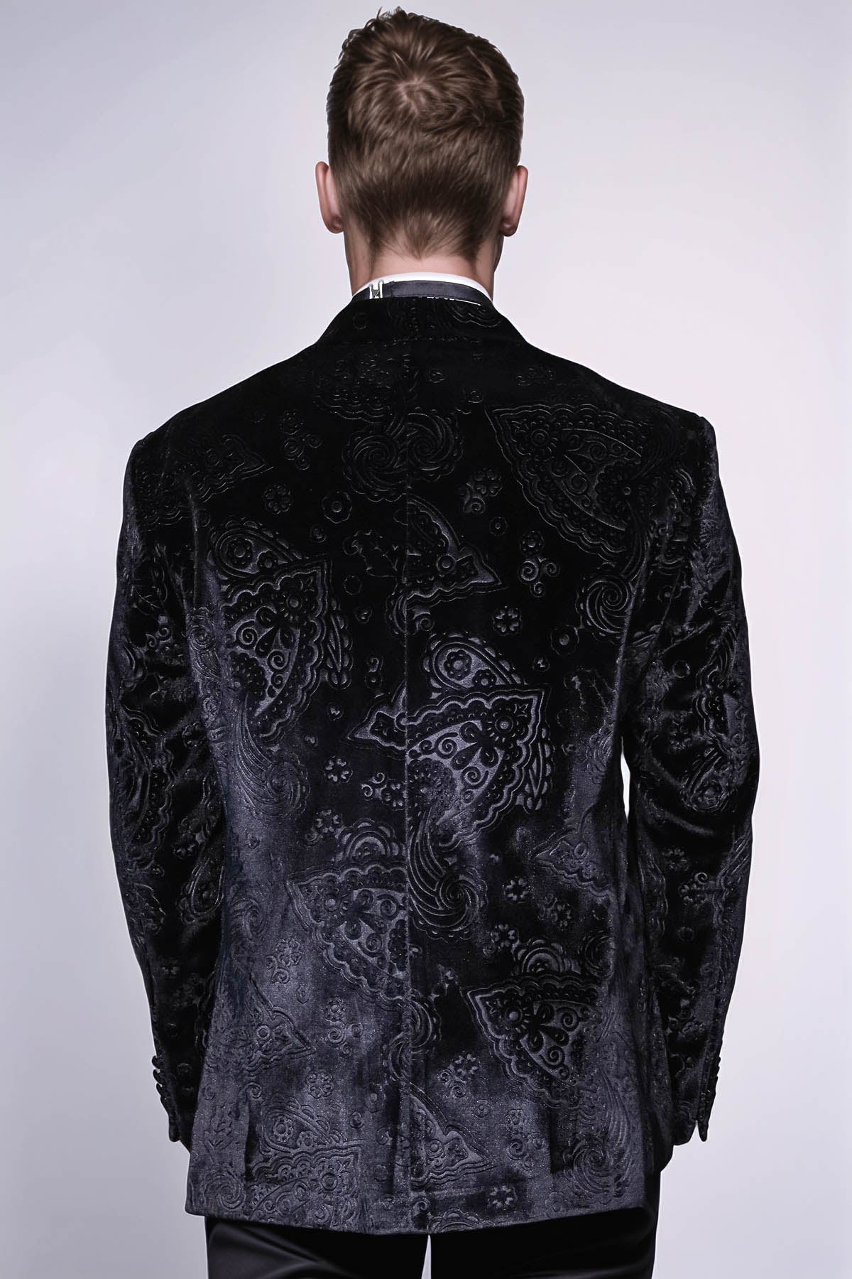 Floral Patterned Velvet Black Men Prom Blazer - Wessi
