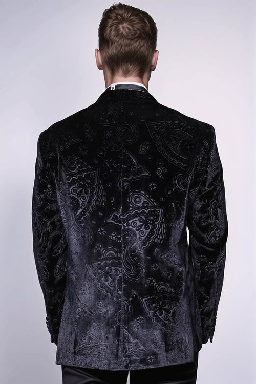 Floral Patterned Velvet Black Men Prom Blazer - Wessi