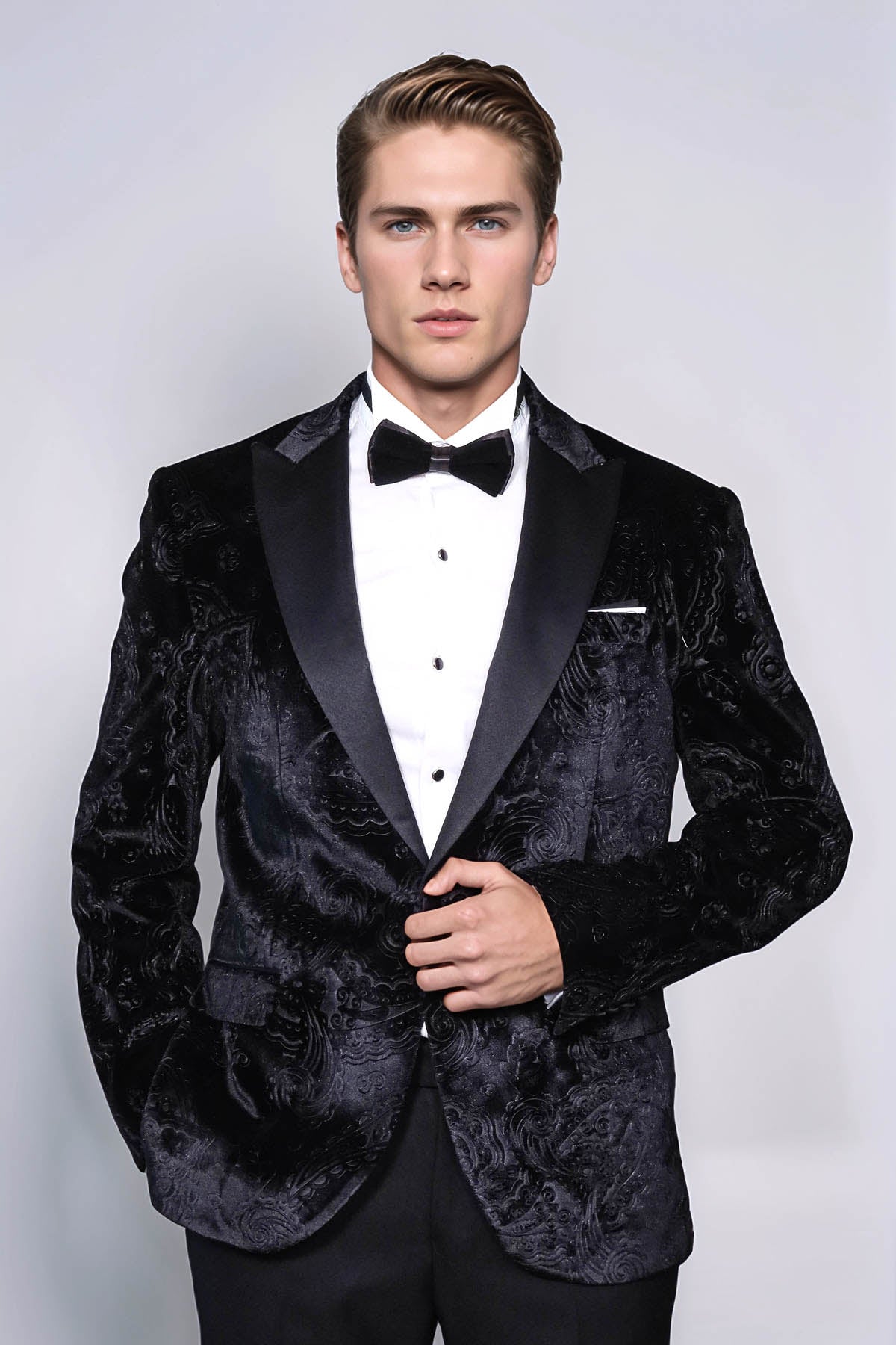 Floral Patterned Velvet Black Men Prom Blazer - Wessi