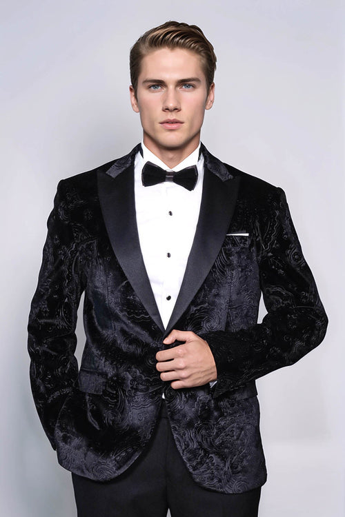 Floral Patterned Velvet Black Men Prom Blazer - Wessi