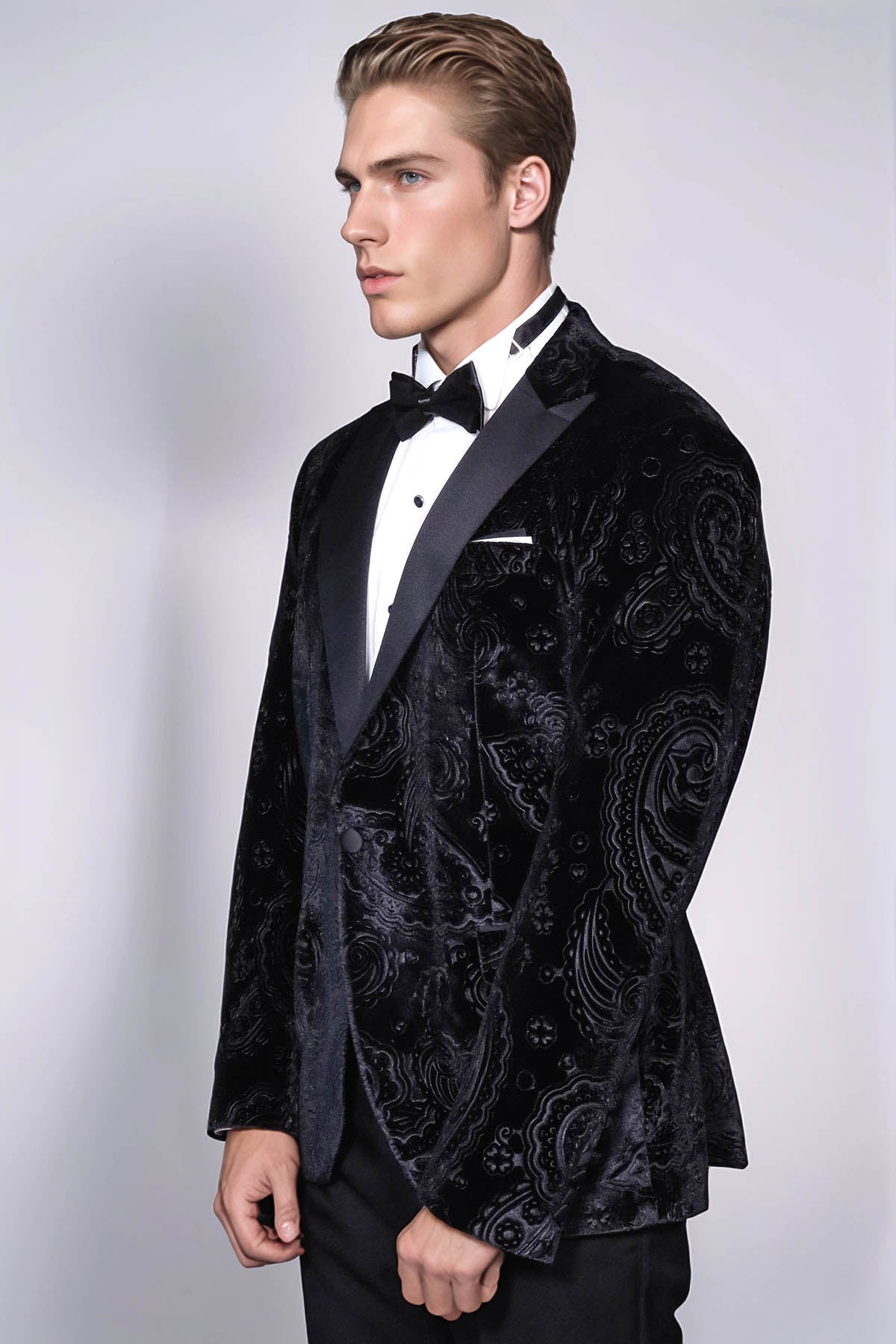 Floral Patterned Velvet Black Men Prom Blazer - Wessi