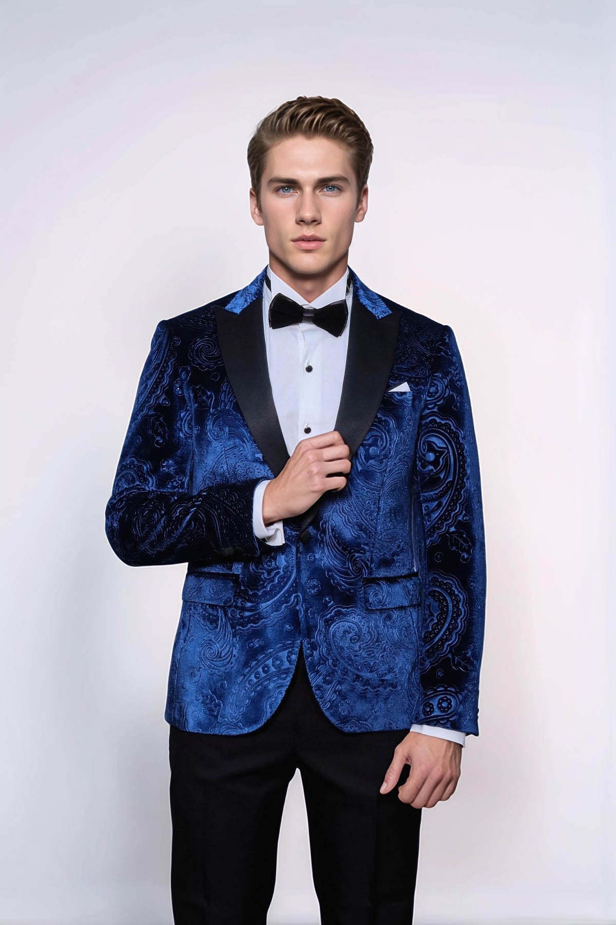 Floral Patterned Velvet Navy Blue Men Prom Blazer - Wessi