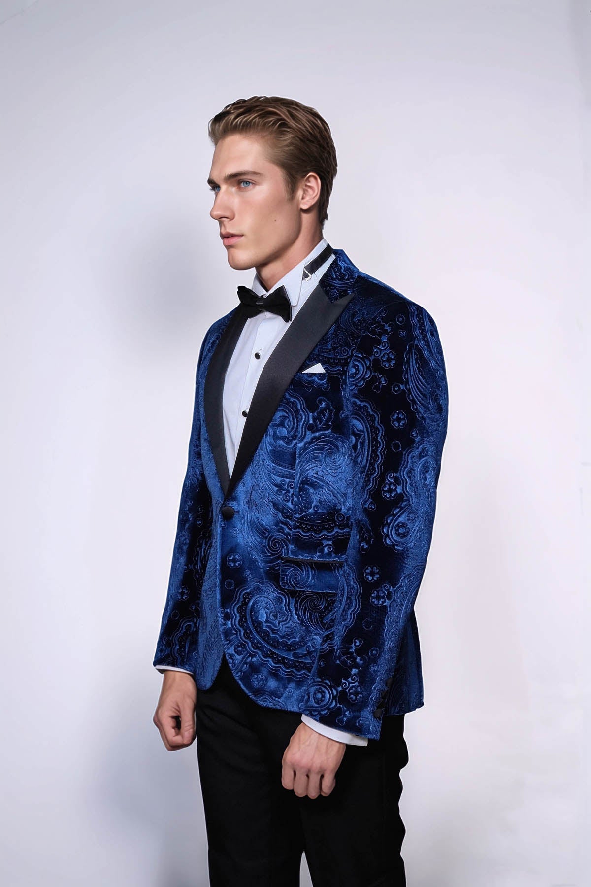 Floral Patterned Velvet Navy Blue Men Prom Blazer - Wessi