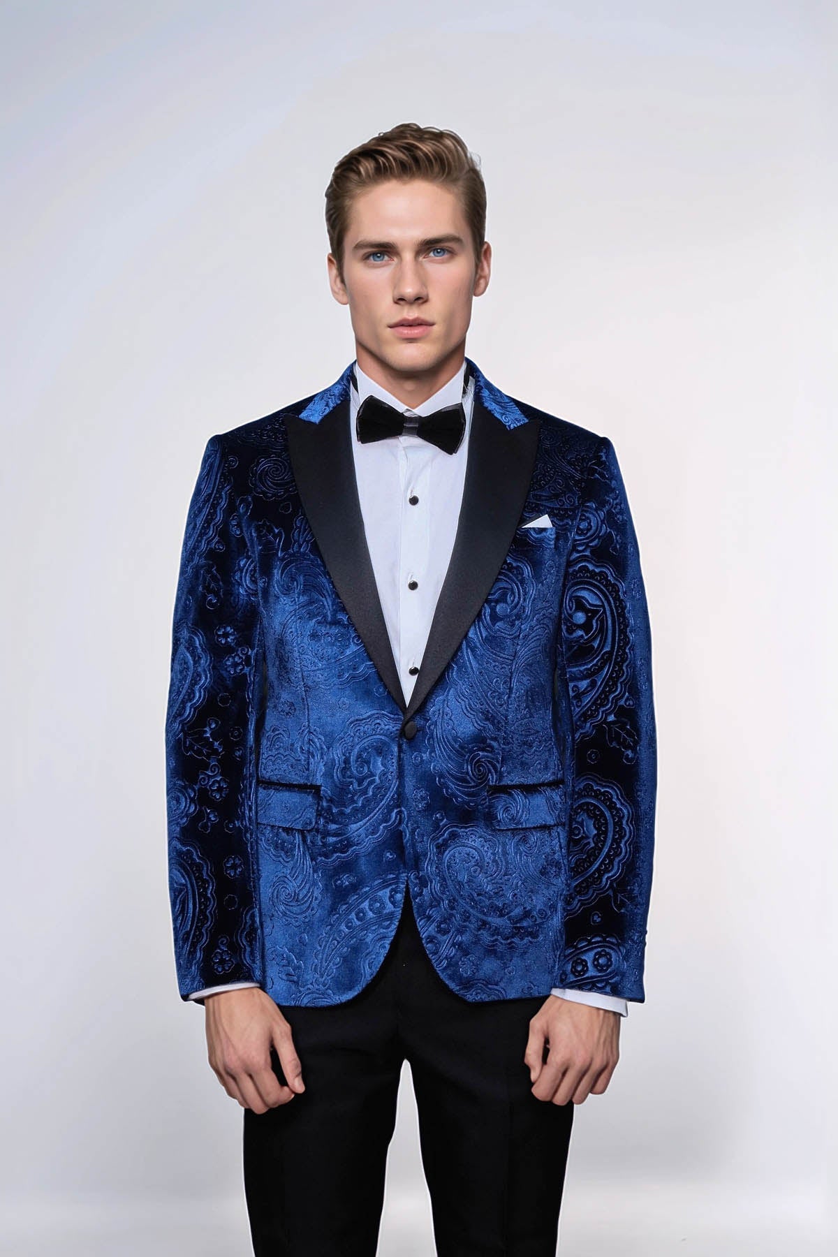 Floral Patterned Velvet Navy Blue Men Prom Blazer - Wessi