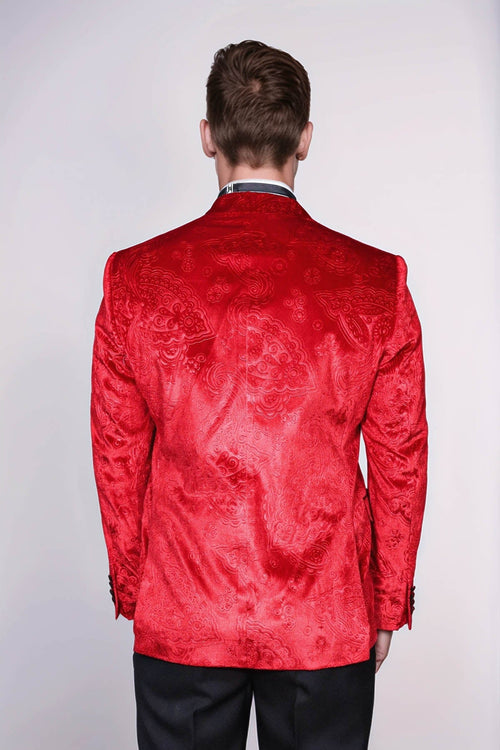 Floral Patterned Velvet Burgundy Men Prom Blazer - Wessi