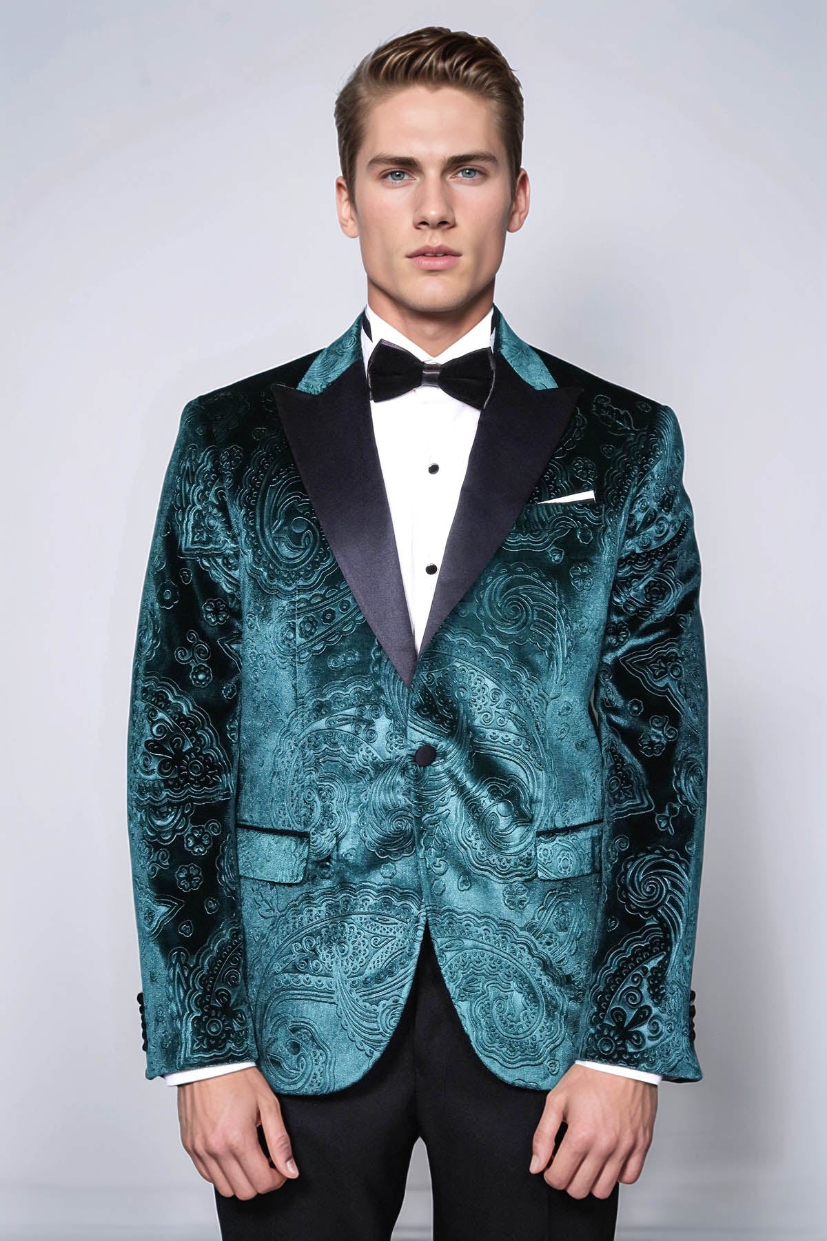 Floral Patterned Velvet Green Men Prom Blazer - Wessi