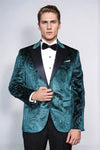 Floral Patterned Velvet Green Men Prom Blazer - Wessi
