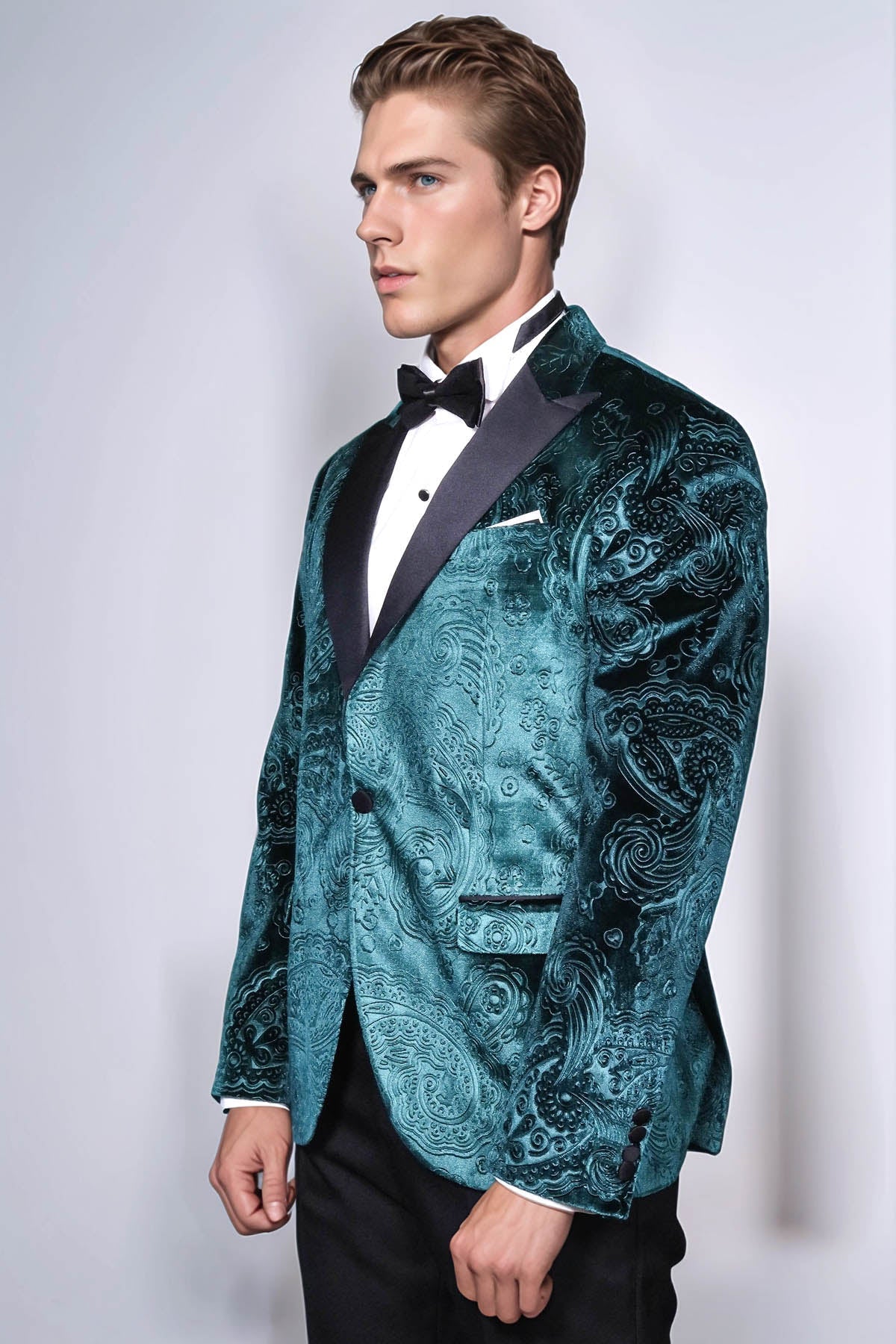 Floral Patterned Velvet Green Men Prom Blazer - Wessi
