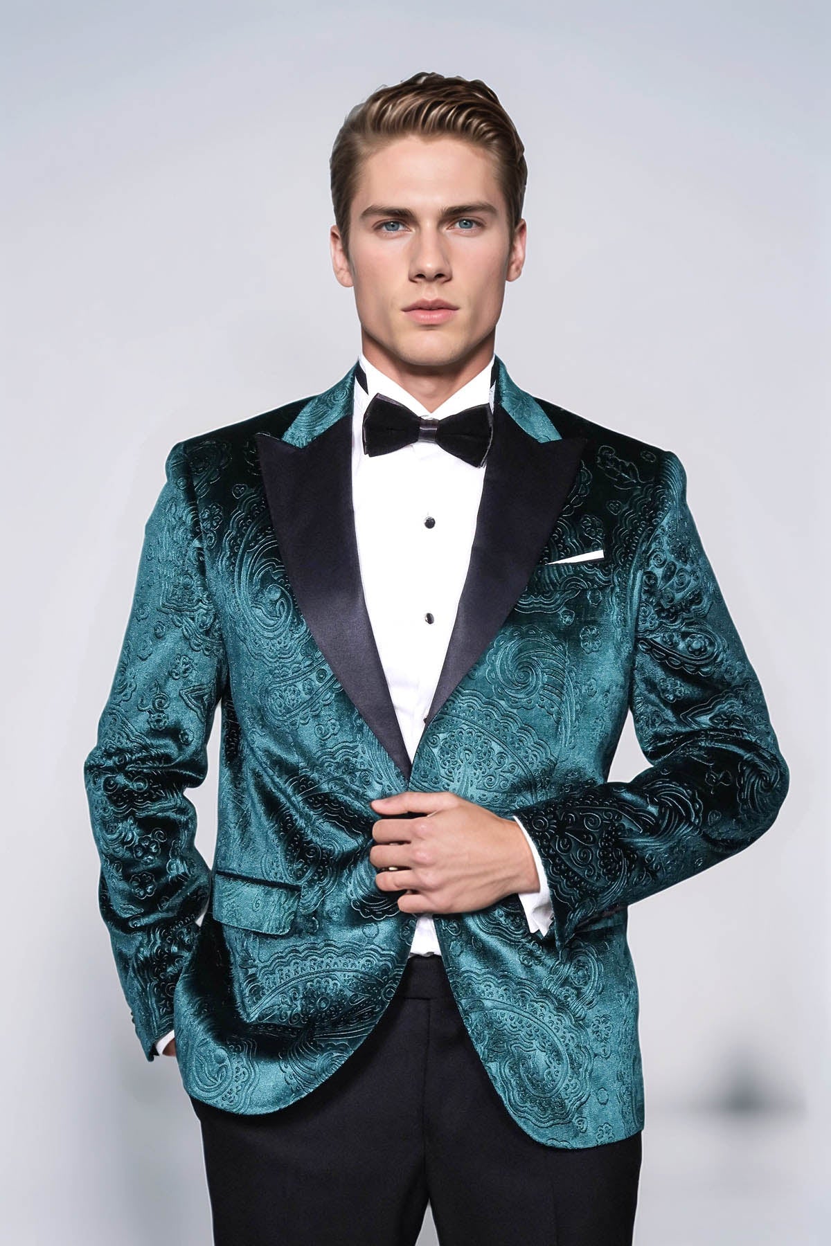 Floral Patterned Velvet Green Men Prom Blazer - Wessi