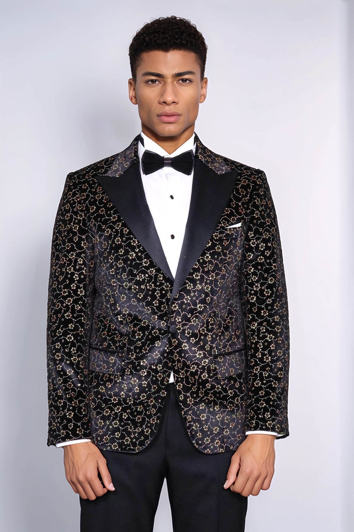 Tiny Flower Pattern Black Men Prom Blazer - Wessi