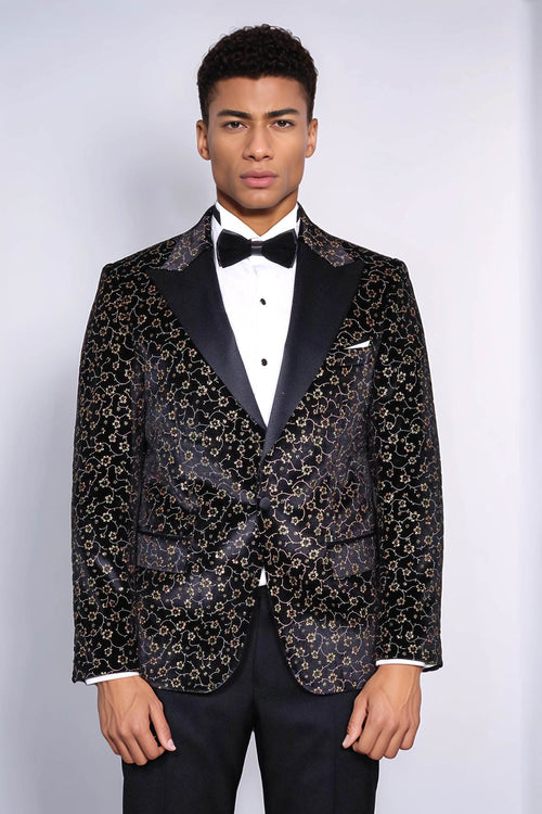 Tiny Flower Pattern Black Men Prom Blazer - Wessi