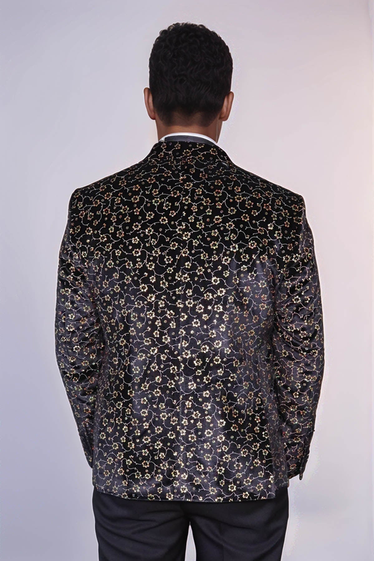 Tiny Flower Pattern Black Men Prom Blazer - Wessi