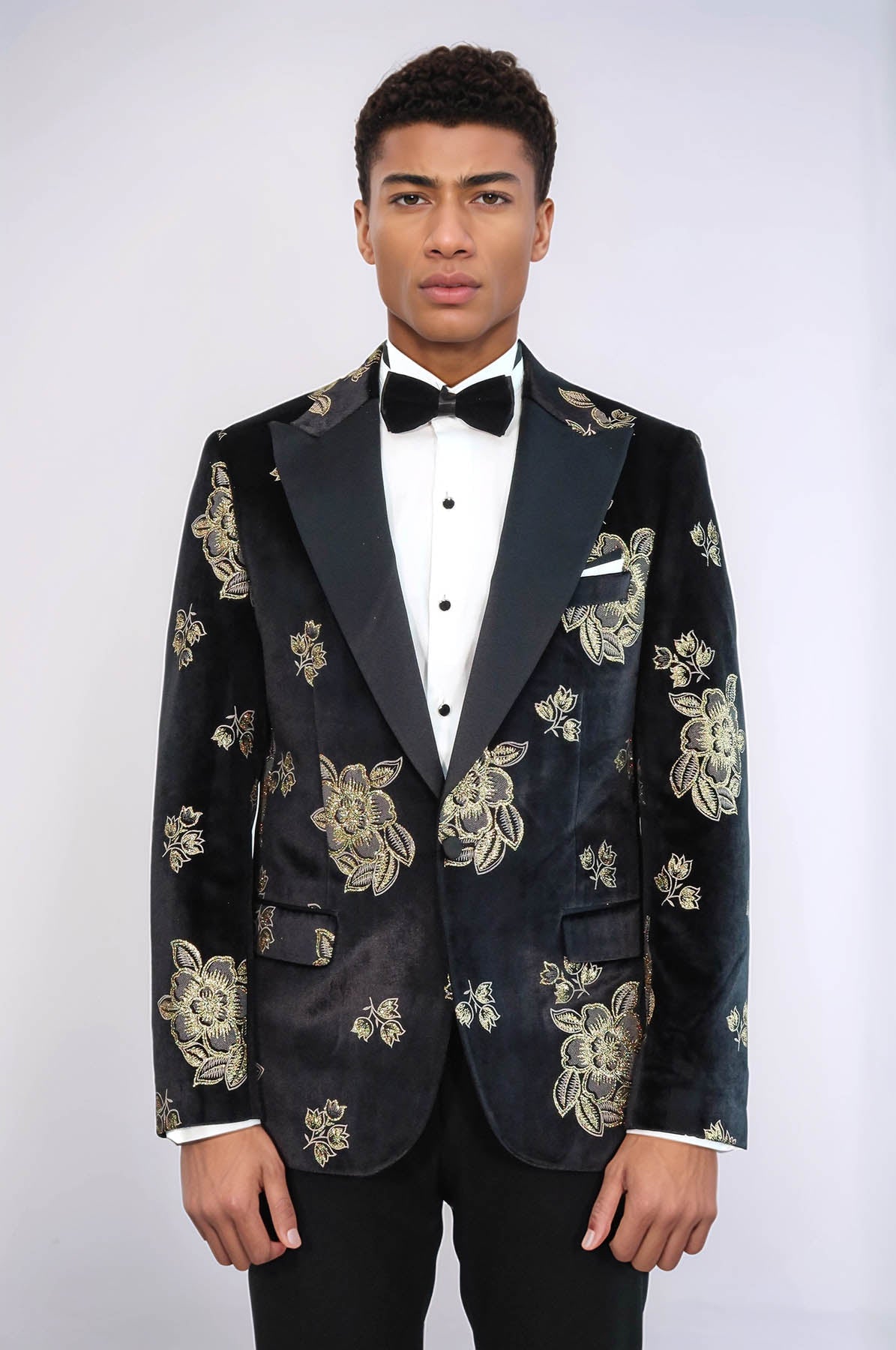 Gold Floral Patterned Shiny Black Men Prom Blazer - Wessi