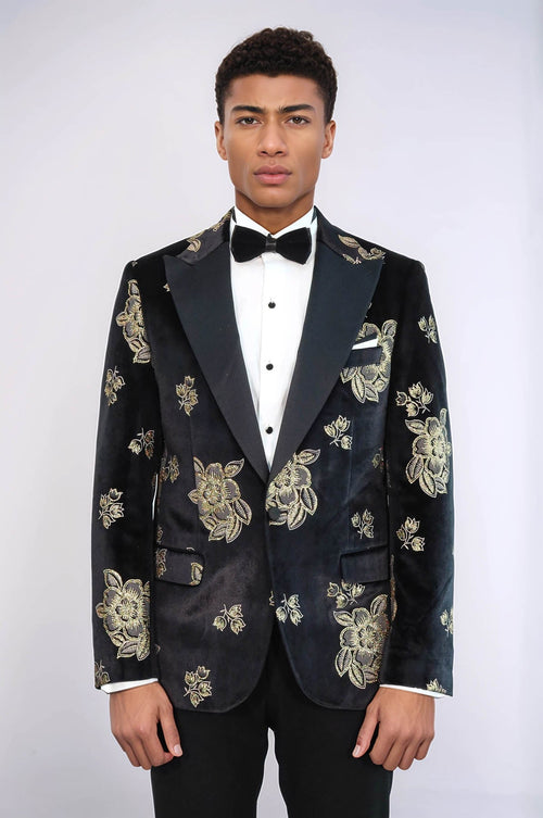 Gold Floral Patterned Shiny Black Men Prom Blazer - Wessi