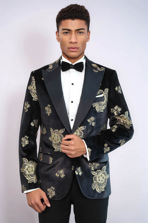 Gold Floral Patterned Shiny Black Men Prom Blazer - Wessi
