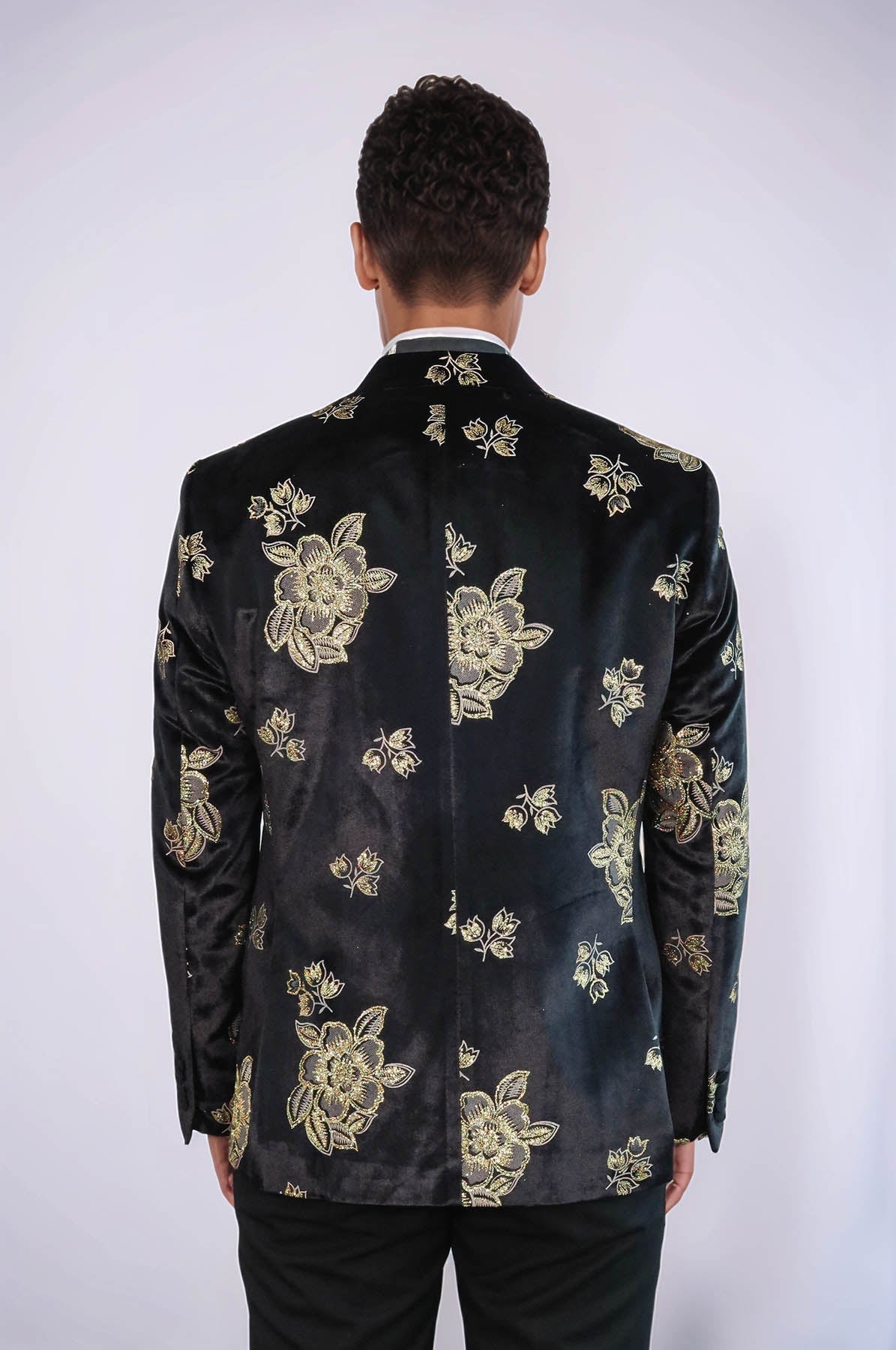 Gold Floral Patterned Shiny Black Men Prom Blazer - Wessi