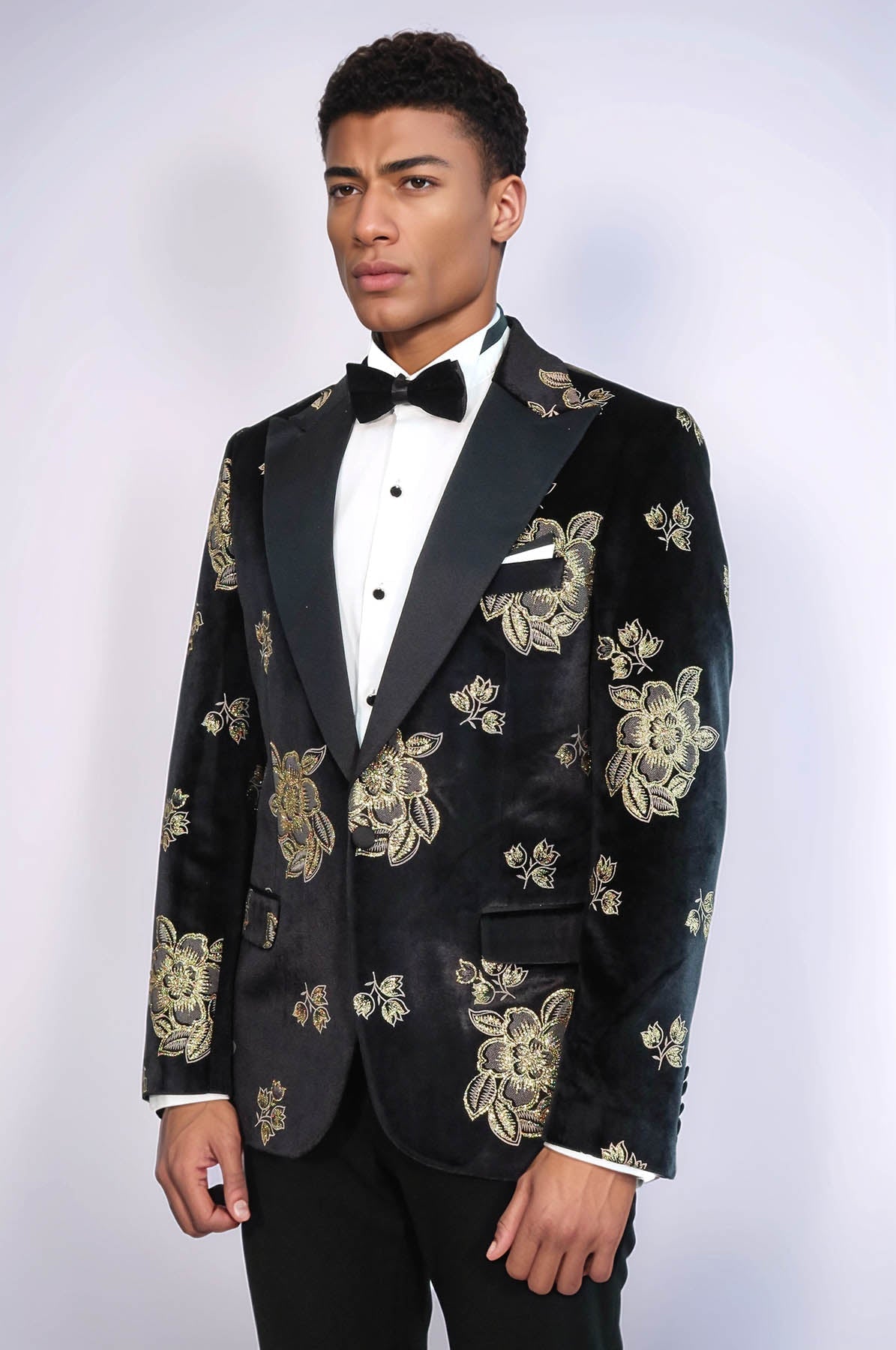 Gold Floral Patterned Shiny Black Men Prom Blazer - Wessi