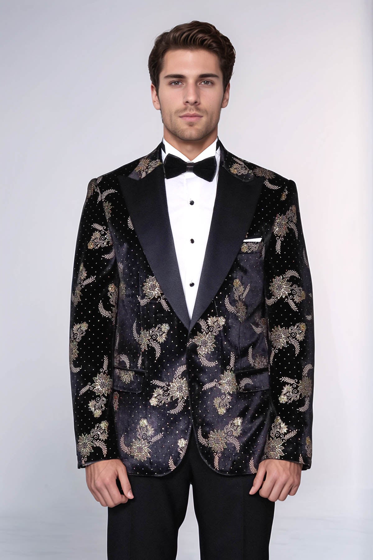 Dot Floral Patterned Velvet Black Men Prom Blazer - Wessi