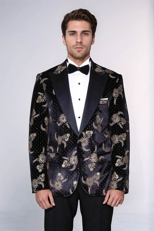 Dot Floral Patterned Velvet Black Men Prom Blazer - Wessi