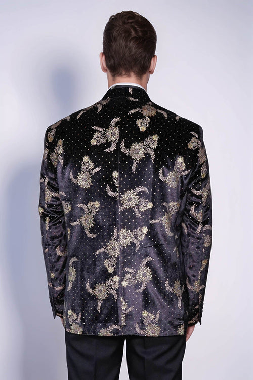 Dot Floral Patterned Velvet Black Men Prom Blazer - Wessi