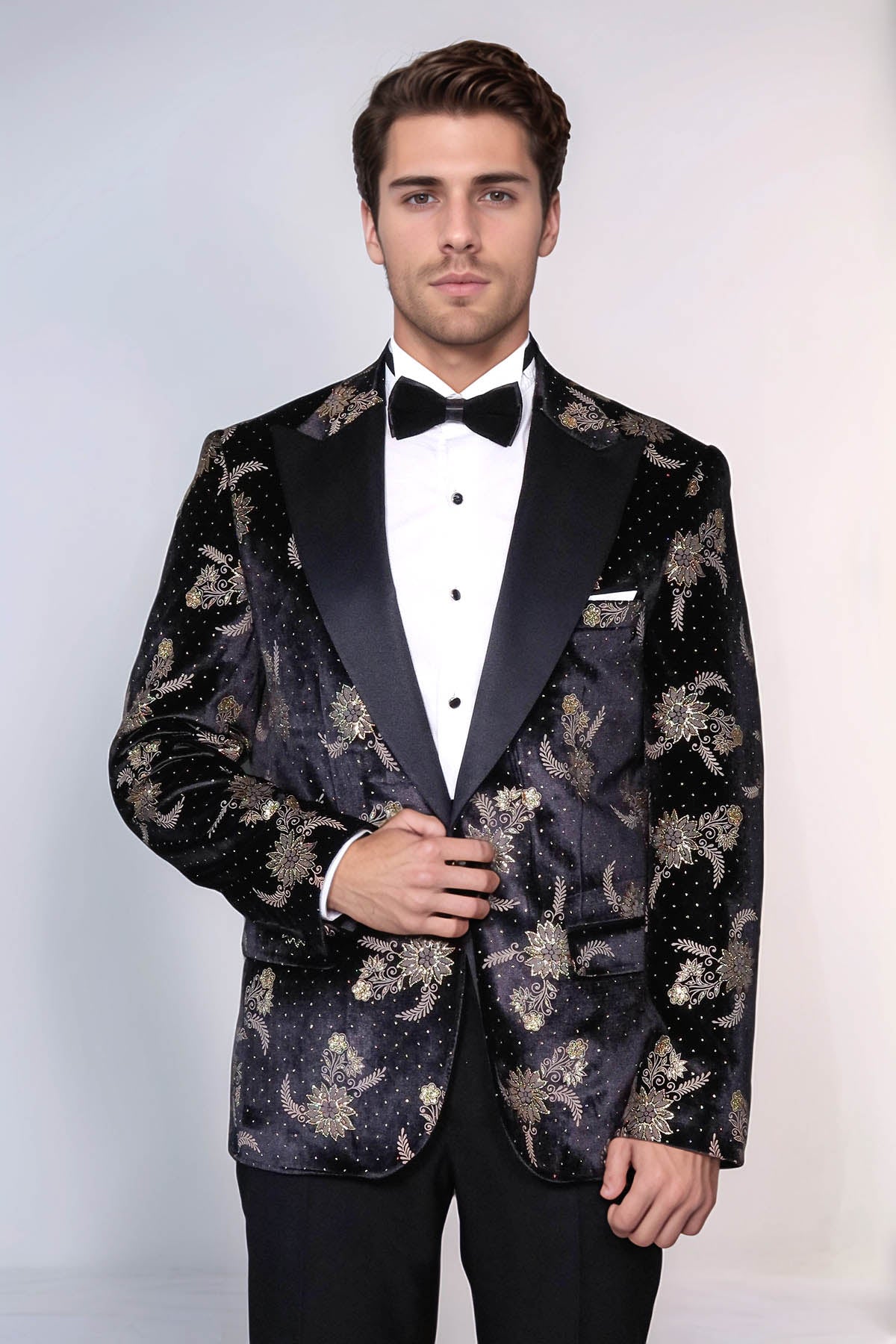 Dot Floral Patterned Velvet Black Men Prom Blazer - Wessi