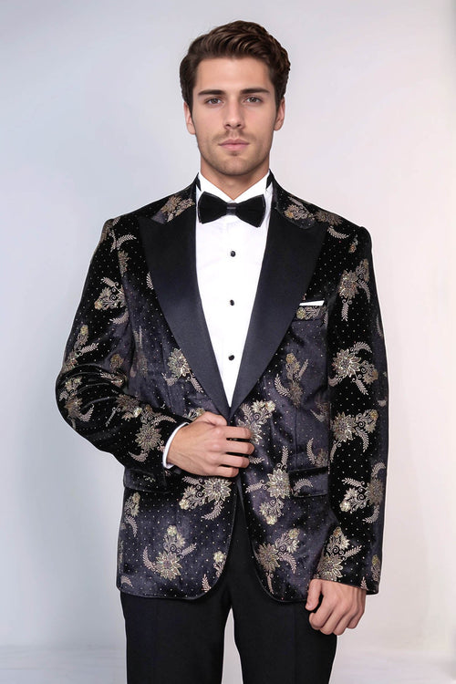 Dot Floral Patterned Velvet Black Men Prom Blazer - Wessi