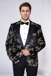 Dot Floral Patterned Velvet Black Men Prom Blazer - Wessi