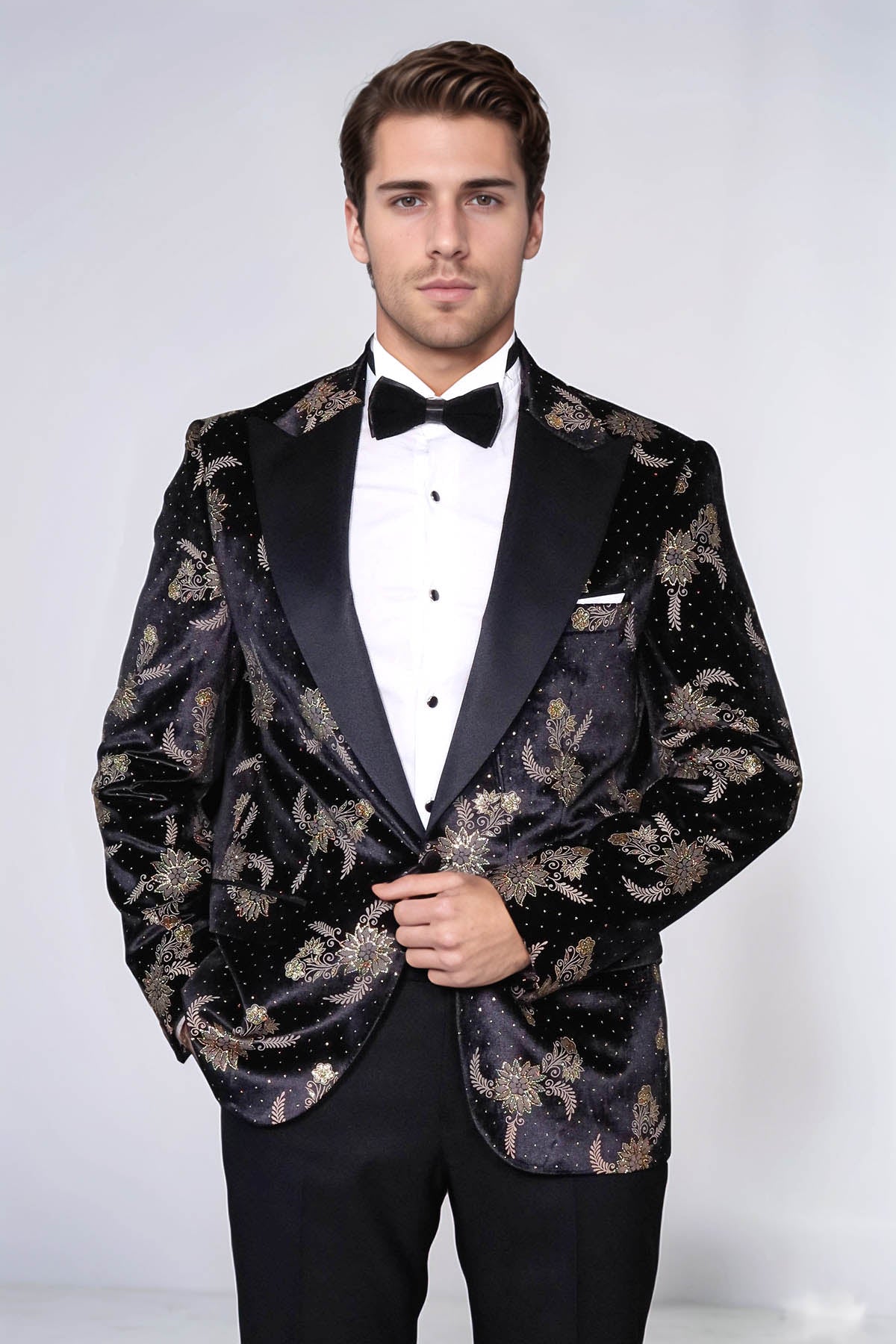 Dot Floral Patterned Velvet Black Men Prom Blazer - Wessi