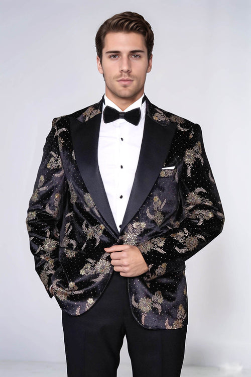 Dot Floral Patterned Velvet Black Men Prom Blazer - Wessi