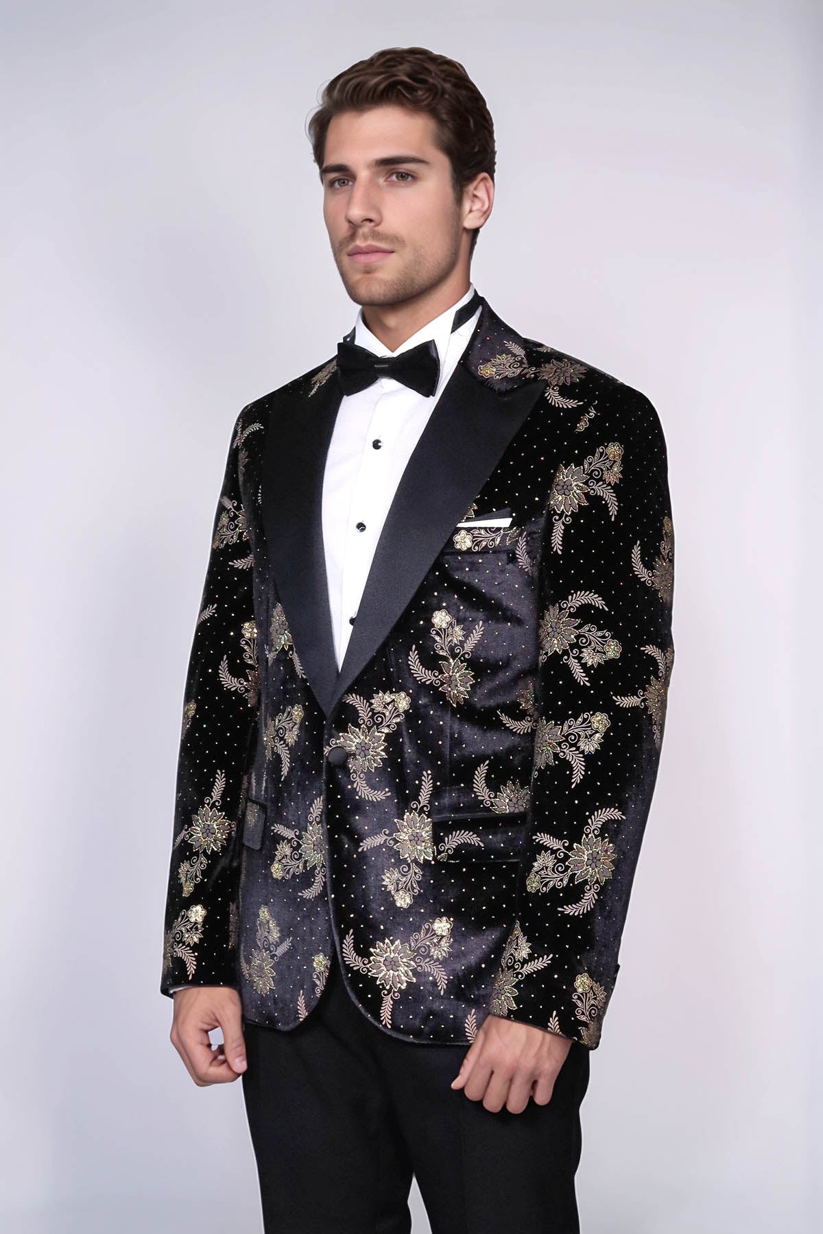Dot Floral Patterned Velvet Black Men Prom Blazer - Wessi