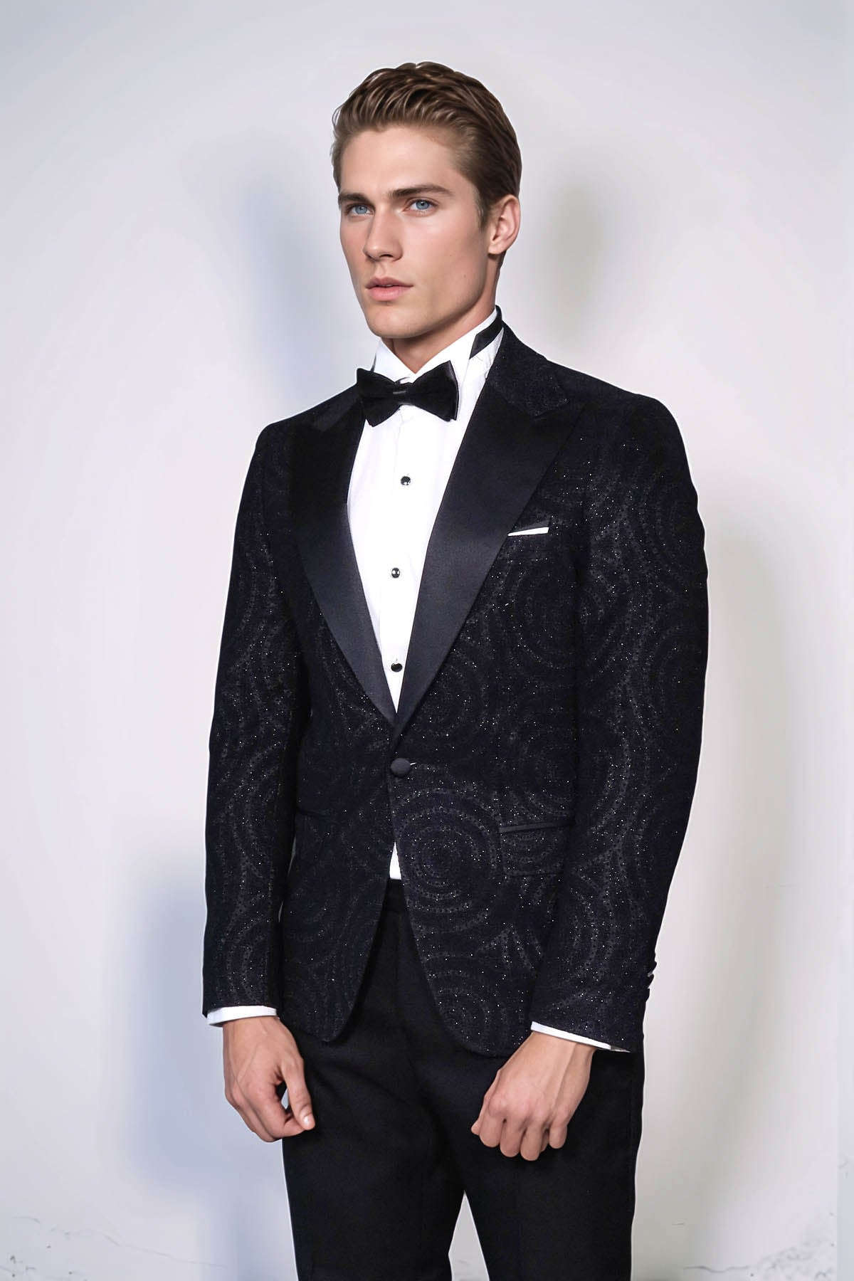 Hypnose Pattern Peak Lapel Slim Fit Black Men Prom Blazer - Wessi