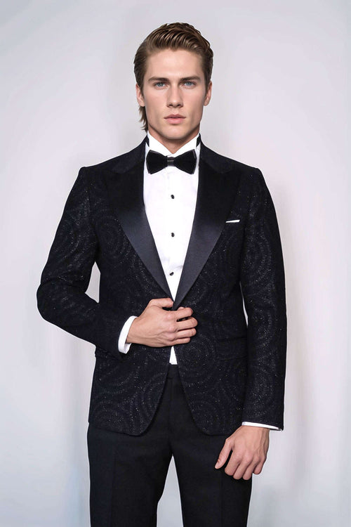 Hypnose Pattern Peak Lapel Slim Fit Black Men Prom Blazer - Wessi