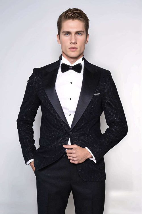 Hypnose Pattern Peak Lapel Slim Fit Black Men Prom Blazer - Wessi