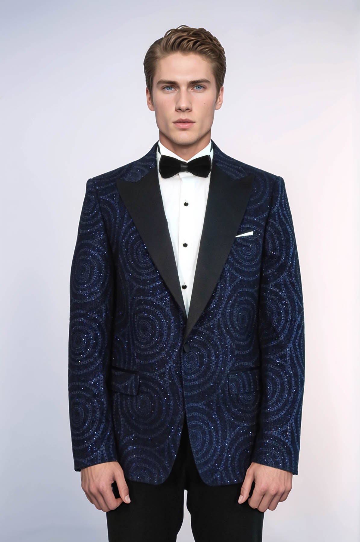 Hypnose Pattern Peak Lapel Slim Fit Navy Blue Men Prom Blazer - Wessi